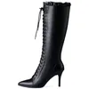 Boots Point Knee High Women 2024 Äkta läder Sexig snörning Black Heels Nightclub Party Long Shoes Lady Stor storlek 48