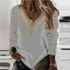 Women's Blouses Shirts Women Tops Elegant Long Slve Blouse Spring V-neck Stitching Hollow Out Lace Chiffon Shirt Casual Loose Clothes Blusas 25948 Y240426