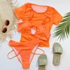 Women's Swimwear Female Swimsuit High Waist Bikini Women Three-pieces Set Short Sleeve Cover Ups Bather Bathing Suit Swim K2988