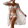 Women's Swimwear Women Bikini Set V-neck Floral Print With High Waist Shorts Cover-up Summer For Pool Female