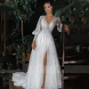 Boho A-line Wedding Dress 2024 V Neck Appliques Lace Long Puffy Sleeve Front Split Beach Bridal Gowns Bride Vestidos De Novia robe de mariee