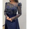 ASO Mermaid Arabo 2024 Ebi Navy Blue The Bride Dresses Satin Lace in pizzo in rilievo per la festa formale festa di compleanno della festa della madre di abiti da sposa ZJ043