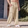Męskie spodnie letnie plaża zwykłe bawełniane lniane mężczyźni oddychający cienkie spodnie mody męskie kieszenie na sznurku kostki