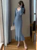 Casual Dresses Bodycon for Women 2024 V Neck Slim Fitted Midi Trumpet Dress Autumn Winter Long Sleeve Sticked