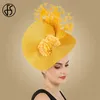 Breite Krempeln Hüte Eimer Hüte fs gelber Stroh Big Fedora Hüte Frauen gelbe Derby Feder Blumenkirche Faszinator für Hochzeitshasse Cocktail Braut Accessoires Y240426