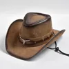 100% skórzany Western Cowboy Hat Men Wide Brim Gentleman Church Jazz Cap Cowgirl Hats Sombrero Hombre 240428