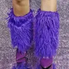 Laarzen Big Size 47 Purple Dik Fur Overlay Korte laarsjes slanke hakken Halve knie Hoge vrouwen puntige teen gevouwen over harige schoenen