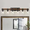 Rustic Wood Bathroom Wall Light with Clear Glass - 4-Light Industrial Farmhouse Vanity Lights - Modern Metal Wall Sconce for Bedroom Kitchen Hallway - 4-Light Antique Wood