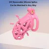 Ventilation CB Chastity Cage Set med 4 kukringar och dubbla slutade mjuka spikar 3D-tryckharts Penis Lock Adult Sex Toys BDSM Trainer Devices for Men (Long-Arc Ring, Pink)