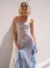 Vestidos de festa de vc para mulheres espaguete com cinta lantejous azul sparkle maxi babados longos flores slim high split vestidos 240426