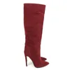 Boots Fashion Women't Shoes Pointed Toe High Heels Knee Wine Red Faux Suede Ladies Winter Autumn Party Outfit Footwear Pull On