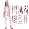 Szpital Bloody Zombie Pielęgniarka Costume Doross Halloween Carnival Horror z Tatoo Socks