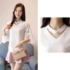 Women's Blouses Shirts Casual White Chiffon Blouse voor Lady Elegant Tops Beading Office Shirt Thr Quarter Slve V-Neck Summer 2994 50 Y240426