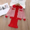 Kledingsets 2024 Brand Kids Girl Winter Des Set Cardigan en Dress Fashion 2 PCS gebreide trui voor baby