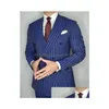 Costumes pour hommes Blazers Navy Blue Mens Cost 2 pièces Pantalon Blazer Double Breasted Papel Pinstripes Busin Modern Wedding Groom Co Dh4ol