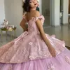 Quinceanera платья розовые пыльные бисеры с плечами чашечки кружев