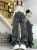 Kvinnors jeans 2024 Cyber ​​Y2K Streetwear Gray Distressed Baggy Cargo Pants for Women flera fickor bred ben Hip Hop Lady Old Trousers