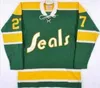 27 Gilles Meloche 1970s California Golden Seals 7 Reggie Leach Vintage Jersey costado Blanco azul verde amarillo alternativo