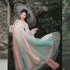 Ethnische Kleidung Frauen Mesh Hanfu Anzug Fairy Cosplay Kostüm Brust Länge Kleid Volk Tanz Kostüm Elegante Sommer Alte traditionelle Kleidung