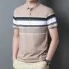 ビジネスカジュアルストライプスプライスされたポロシャツ夏のスタイリッシュなコントラストカラー基本的なメンズ衣類短袖韓国Tシャツ240428