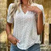 Women's Blouses Shirts Hollow Lace Shirts for Women Puff Slve Tops Vintage Elegant White Blouse V-neck Solid Shirt Summer Fashion 21385 Y240426