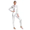 Scene Wear Womens Metallic Jumpsuit Ballet Gymnastics Leotard High Neck Unitard Slim-Fit Full Romper långärmad bodysuit Catsuit Dancewear