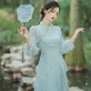 Lässige Kleider Frauen 2024 Chinesischer Stil Grün verbesserte Cheongsam Qipao Kleider Frühling Herbst Frauen Mode Unregelmäßige Rüschen Vintage Vintage