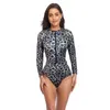 Swimwwear Women Sexy Zipper One Piece Swimsuit Long Manches Léopard Femmes découpées Bodys High Surf Costumes de baignade Rash Guard