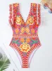 Women's Swimwear 2024 Fashion Ruffle Edge Women One Piece Red Printed Feminine Bikini Swimsuit Push Up High Waisted Bathing Suit