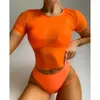 Women's Swimwear Female Swimsuit High Waist Bikini Women Three-pieces Set Short Sleeve Cover Ups Bather Bathing Suit Swim K2988