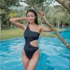 2021 new solid color one-piece swimsuit feminine Japanese and Korean one-shoulder open back high waist ladies swimsuit