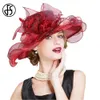 Geniş Memlu Şapkalar Kova Şapkaları FS 2024 Geniş Brim Organza Kentucky Derby Hats Facinator Peçe Çiçeği Düğün Kilisesi Kokteyl Çay Partisi Cap Y240426