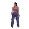 Botão de cintura alta elástica da moda voar jeans solteiros calças de aniversário mulheres calças de streetwear Multi 3D bolsos jeans 240425