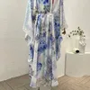 Robes décontractées 2024 Silk de haute qualité blanc bleu floral imprime à manches longues robe maxi lâche