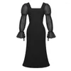 Casual Dresses Elegant Maxi For Women 2024 Vintage Black Sheer Long Sleeve Bandage Backless Fishtail Robe Femme Party Vestidos Spring