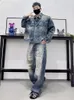 Men's Tracksuits Spring Loose Fit Hip Hop Mens Short Demin Jacket Wide Leg Jeans Two Piece Set Vintage Design Hole Ripped Personality Sets