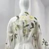 Casual jurken Hoge kwaliteit 2024 Gracieuze vrouwen Witte bloemen Mangnolia Print lange mouw Silk Linnen Midi Shirt Jurk voor vakantie