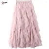 Skirts PULABO Tutu Tulle Long Maxi Skirt Women Fashion Y2k Korean Cute Pink High Waist Pleated Mesh Female Lady Aesthetic Faldas