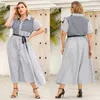 Casual Dresses Striped Color Block Belted Shirt Dress Women Summer Short Sleeve A-line Plus Size Office Maxi Long