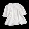 Blusas femininas lace laca laca curta camisa de manga mulher 2024 doce moda coreana tops bubble stand colar camisas buttons pérolas