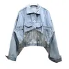 Vår- och sommar denim ytterkläder lös diamantkedja Tassel Streetwear Turndown Collar Jacket Women 240426