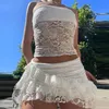 MAEMUKILABE Y2K VINTAGE COLABORAÇÃO Roupas Fairycore Mesh transparente de 2 peças Conjunto com tampo de bandeau sem alças e mini-saia de camada dupla 240429