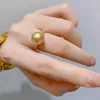 Cluster Rings Gorgeous And Realistic Super Large 11-10mm Round Natural South China Sea Gold Whute Pearl Ring 925s Adjustable