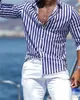 Męskie długi rękawoeved niebieski w paski koszulę drukowaną męską luksusowe luksusowe odzież Hawajska elegancka klasyczna moda 6xl 240428