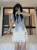 Arbeitskleider japanische Kawaii süßer weißer Minirocksets Frauen elegante Spitze schlank zweiteiler Vintage Chic Blue Shirt und Kuchen