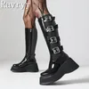 Boots Women Punk Gothic Classic Black Wedge Motorcycle High Heels Belt Buckle Platform Knight Boot Winter Warm Shoes