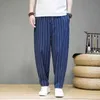 Men's Pants Fashion striped mens casual pants loose cotton linen Chinese style wide leg sports long Q240429