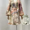 Casual Dresses Collection Top Quality Linen Pink Floral Printing Barock Lantern Sleeve Mini Self-Tie Vintage Women Wrap