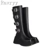 Boots Women Punk Gothic Classic Black Wedge Motorcycle High Heels Belt Buckle Platform Knight Boot Winter Warm Shoes