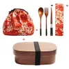 Bento Boxes Wooden lunch box picnic Japanese bento school childrens dinner set with pockets and spoon forks round square Q2404271